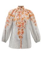 Zimmermann - Andie Stand-collar Floral-print Ramie Voile Blouse - Womens - Blue Print
