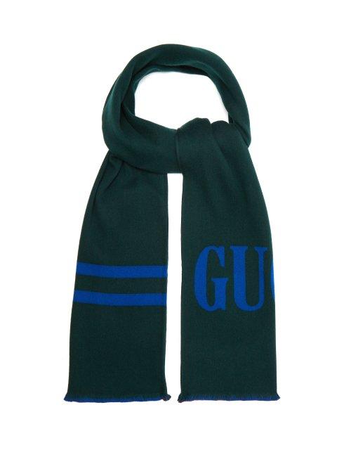 Matchesfashion.com Gucci - Reversible Logo Jacquard Wool And Silk Blend Scarf - Mens - Blue Multi
