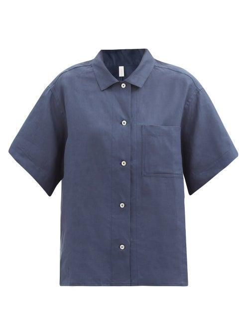 Ladies Lingerie Rossell England - Patch-pocket Linen Pyjama Shirt - Womens - Navy