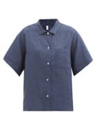 Ladies Lingerie Rossell England - Patch-pocket Linen Pyjama Shirt - Womens - Navy