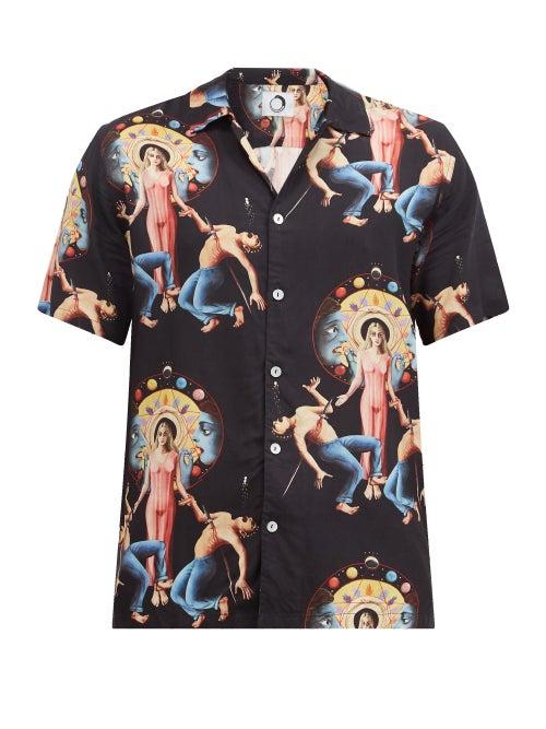 Matchesfashion.com Endless Joy - Deadly Woman-print Cuban-collar Poplin Shirt - Mens - Black