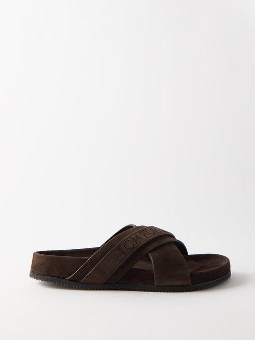 Tom Ford - Logo-perforated Suede Slides - Mens - Brown
