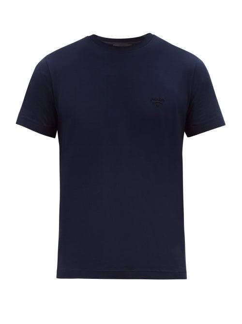 Matchesfashion.com Prada - Embroidered Logo Stretch Cotton T Shirt - Mens - Navy