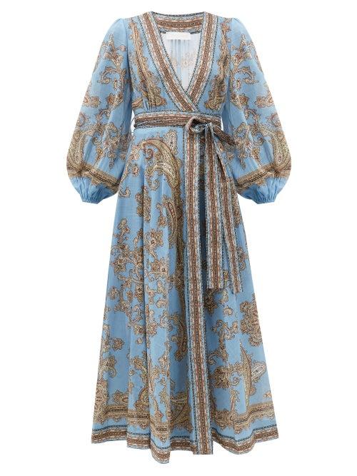 Matchesfashion.com Zimmermann - Fiesta Paisley-print Linen Wrap Dress - Womens - Blue Print
