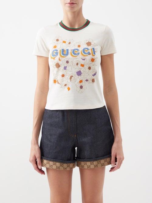 Gucci - Logo-appliqu Floral-print Cotton-jersey T-shirt - Womens - Ivory Multi