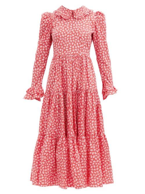 Matchesfashion.com Batsheva - Lucy Gathered Floral-print Cotton-poplin Dress - Womens - Red
