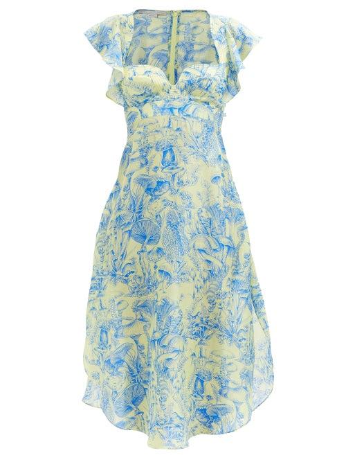 Stella Mccartney - Sweetheart-neckline Mushroom-print Silk Dress - Womens - Yellow