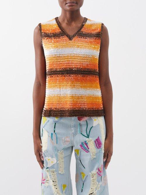 Ashish - Striped Sequinned Tank Top - Womens - Orange