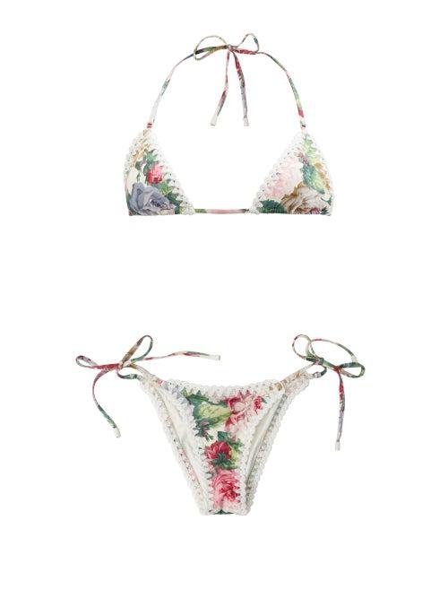 Matchesfashion.com Zimmermann - Mae Crochet-trimmed Floral-print Triangle Bikini - Womens - Pink Multi
