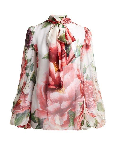 Matchesfashion.com Dolce & Gabbana - Floral Print Silk Chiffon Blouse - Womens - White Multi
