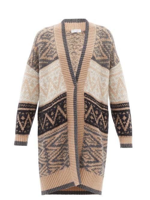 Brunello Cucinelli - Geometric-jacquard Longline Cardigan - Womens - Beige Multi