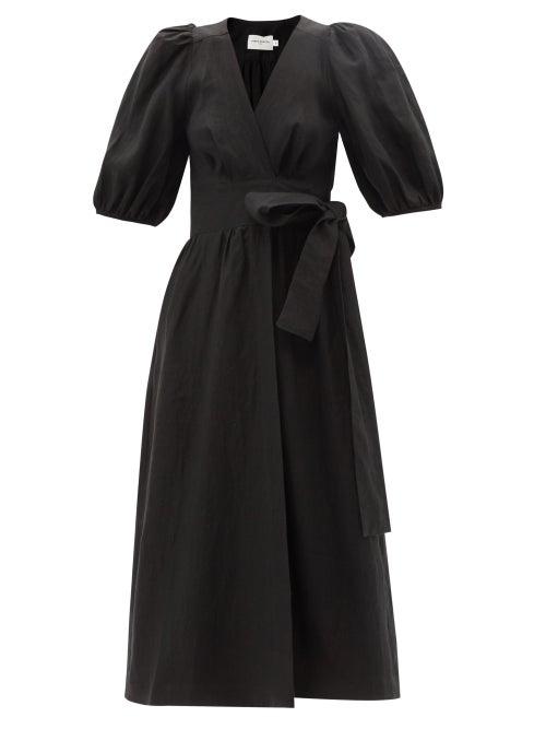 Three Graces London - Fiona Puff-sleeve Linen Wrap Dress - Womens - Black