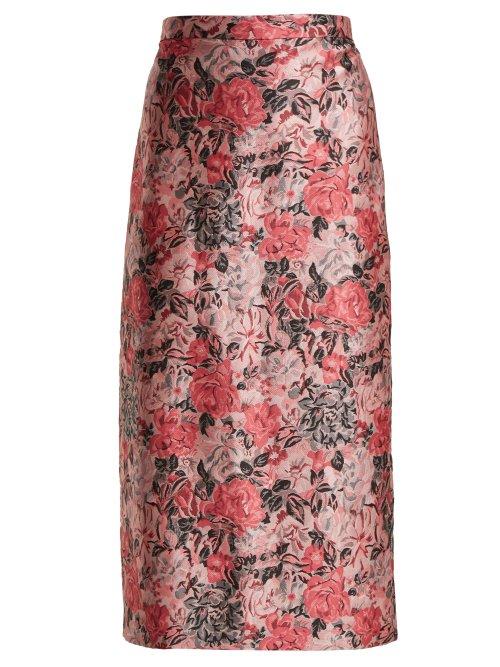 Matchesfashion.com Erdem - Maira Rose Jacquard Pencil Skirt - Womens - Pink Multi
