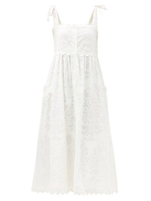 Matchesfashion.com Juliet Dunn - Tie-shoulder Scalloped-edge Printed Cotton Dress - Womens - White