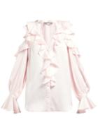Matchesfashion.com Alexander Mcqueen - Ruffle Trim Cut Out Shoulder Silk Blouse - Womens - Light Pink