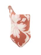 Matchesfashion.com Cala De La Cruz - Cora One-shoulder Floral-print Swimsuit - Womens - Brown Print
