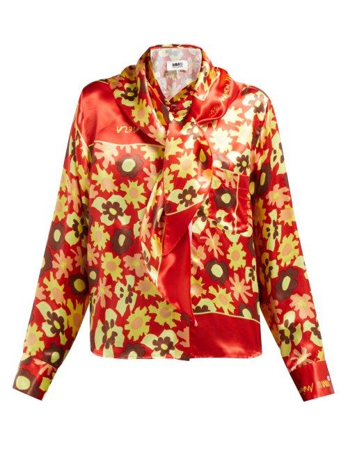 Matchesfashion.com Mm6 Maison Margiela - Sailor Collar Floral Print Satin Blouse - Womens - Orange Multi