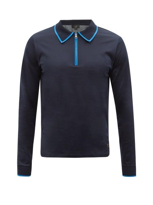 Dunhill - Zip-collar Tipped Mercerised-cotton Polo Shirt - Mens - Navy