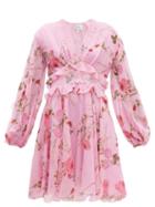 Matchesfashion.com Giambattista Valli - Peony Print Lace Trim Silk Georgette Dress - Womens - Pink Print