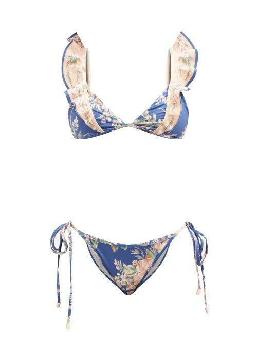 Zimmermann - Moonshine Flounced Floral-print Bikini - Womens - Blue Print