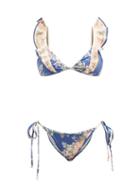 Zimmermann - Moonshine Flounced Floral-print Bikini - Womens - Blue Print