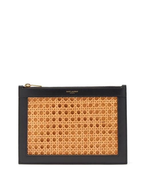 Saint Laurent - Leather-trim Rattan Pouch - Womens - Tan
