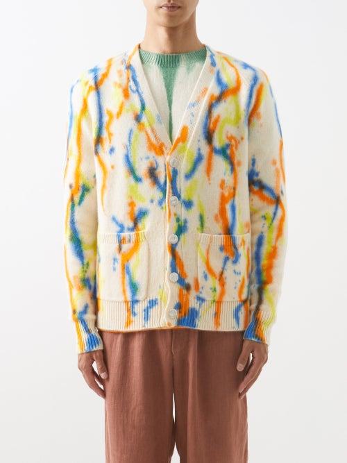 The Elder Statesman - Watercolour-effect Painted Cashmere Cardigan - Mens - Orange Multi