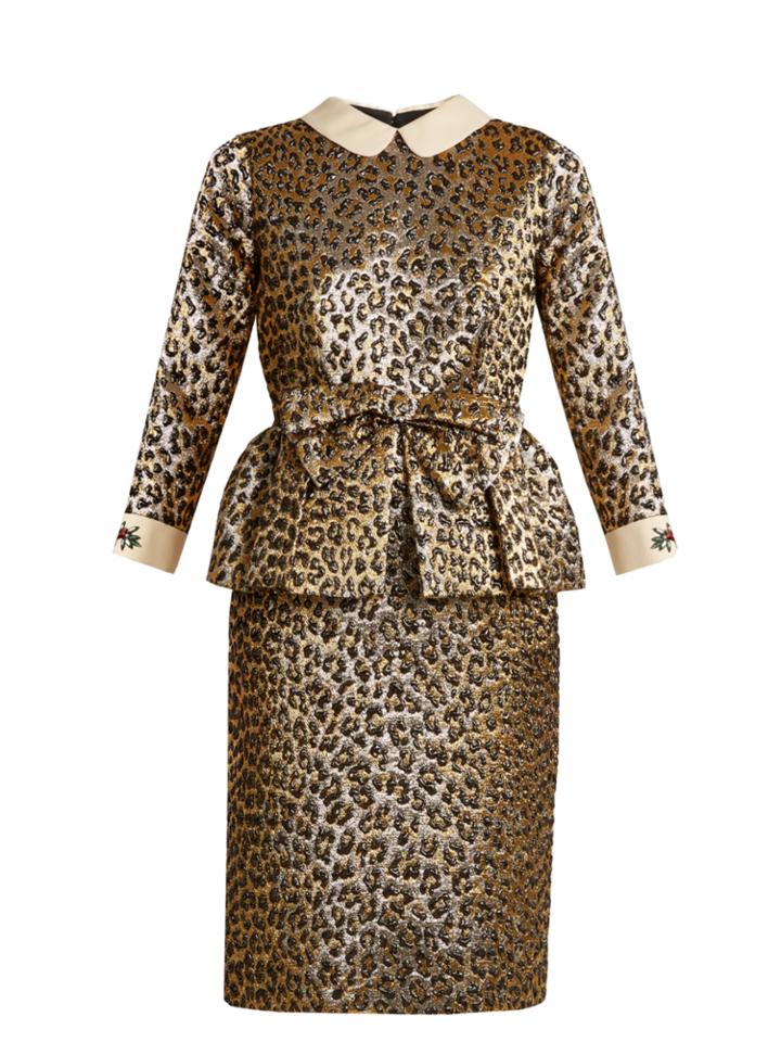 Gucci Bow-embellished Leopard-jacquard Peplum Dress