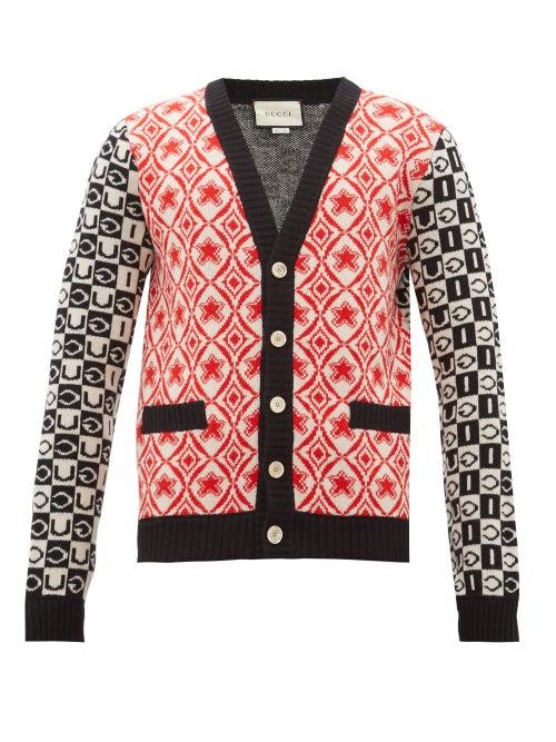 Matchesfashion.com Gucci - Logo Jacquard Wool Cardigan - Mens - Black Red