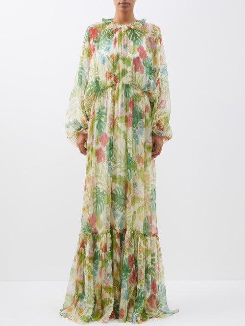 Gucci - Floral-print Silk-blend Dress - Womens - Green Multi