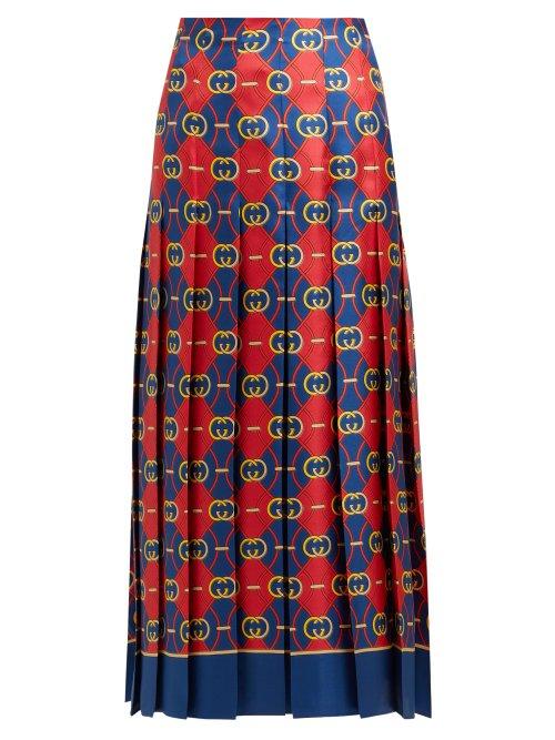 Matchesfashion.com Gucci - Gg Jacquard Pleated Silk Faille Midi Skirt - Womens - Red Multi