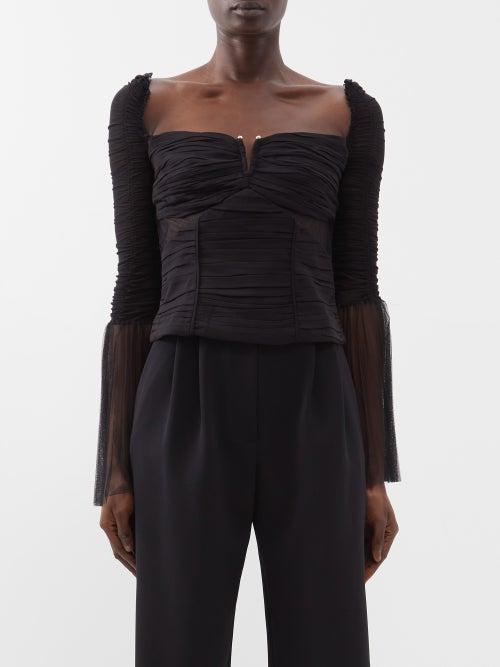 Self-portrait - Flared-sleeve Ruched Crepe Top - Womens - Black