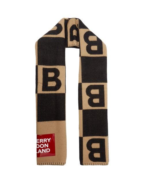 Matchesfashion.com Burberry - Vinyl Plaque Monogram Check Merino Blend Scarf - Mens - Beige