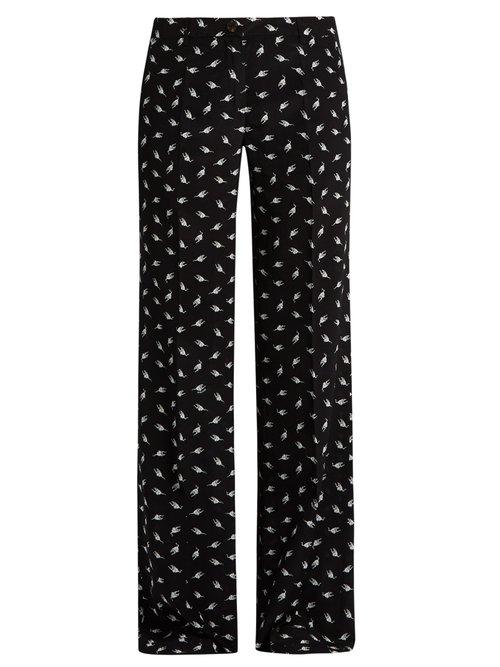 Matchesfashion.com Miu Miu - Cat Print Wide Leg Silk Trousers - Womens - Black Multi