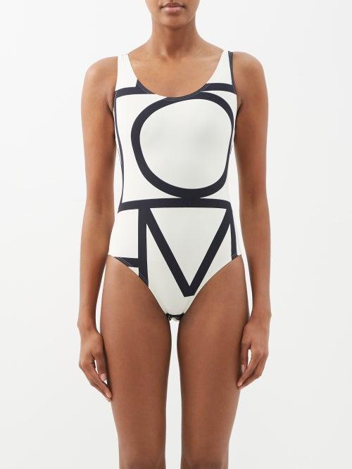 Toteme - Logo-print Scoop-neck Swimsuit - Womens - Black White