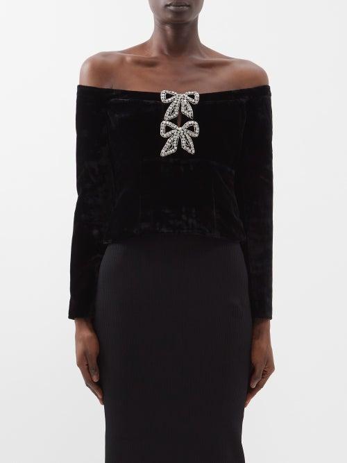 Self-portrait - Crystal-bow Off-the-shoulder Velvet Top - Womens - Black