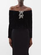 Self-portrait - Crystal-bow Off-the-shoulder Velvet Top - Womens - Black
