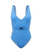 Matchesfashion.com Solid & Striped - The Michelle Belted Ribbed Swimsuit - Womens - Blue