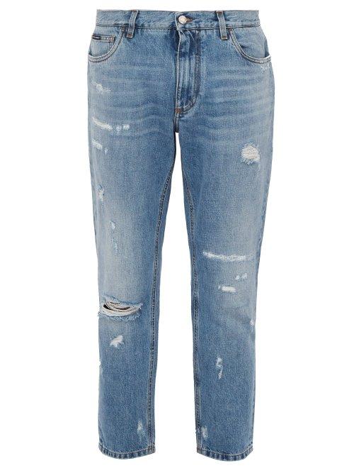 Matchesfashion.com Dolce & Gabbana - Distressed Straight Leg Jeans - Mens - Light Blue