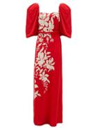 Matchesfashion.com Johanna Ortiz - Floral Themes Embroidered Crepe De Chine Dress - Womens - Red