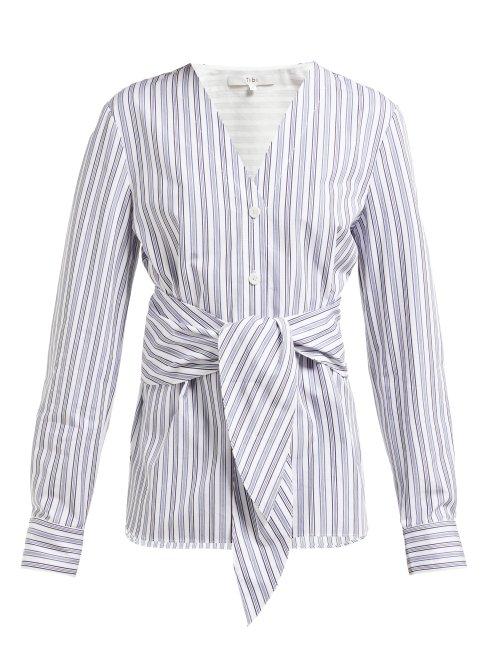 Matchesfashion.com Tibi - Liam Tie Waist Striped Cotton Shirt - Womens - Light Blue