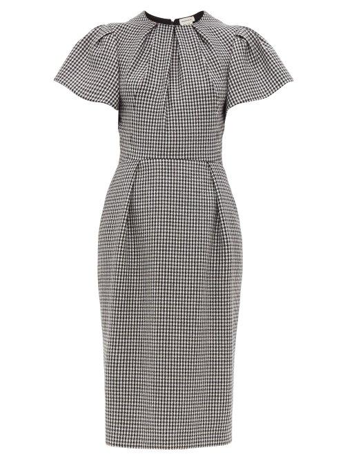 Matchesfashion.com Alexander Mcqueen - Houndstooth Puffed Sleeve Wool Midi Dress - Womens - Black White