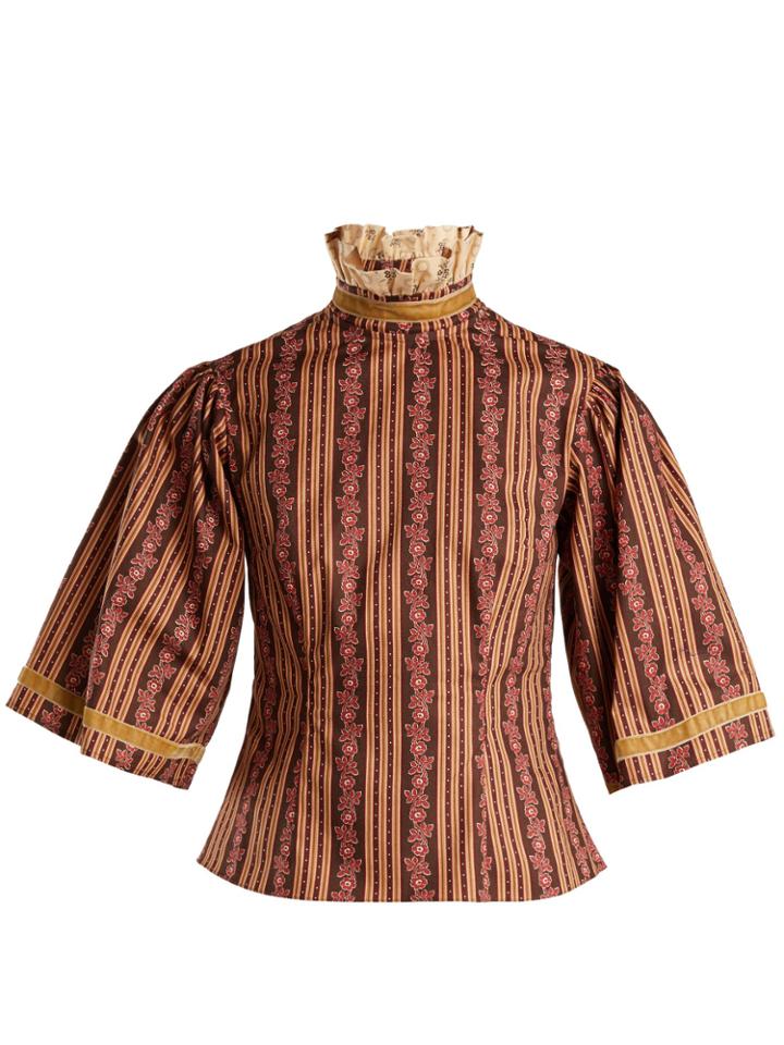 Batsheva Ruffled-neck Floral-print Cotton Blouse