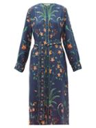 Matchesfashion.com D'ascoli - Floral Print Silk Midi Shirt Dress - Womens - Blue Multi