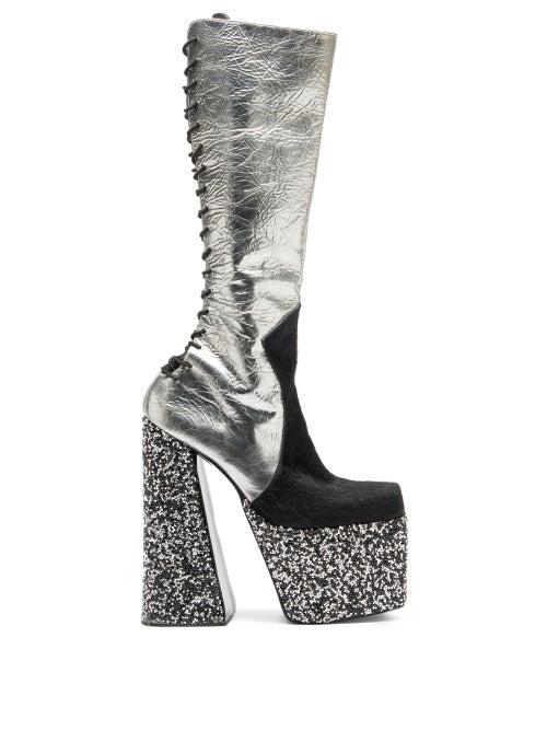 Matchesfashion.com Harris Reed X Roker - The H Glitter And Patent-leather Platform Boots - Womens - Silver Multi