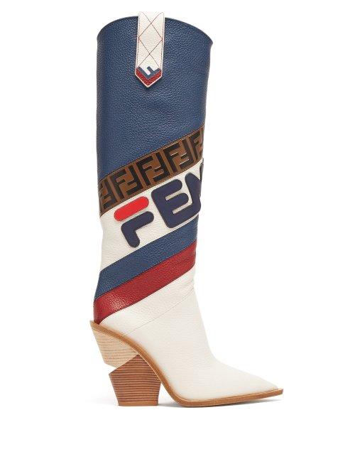 Matchesfashion.com Fendi - Mania Leather Knee High Boots - Womens - Navy Multi