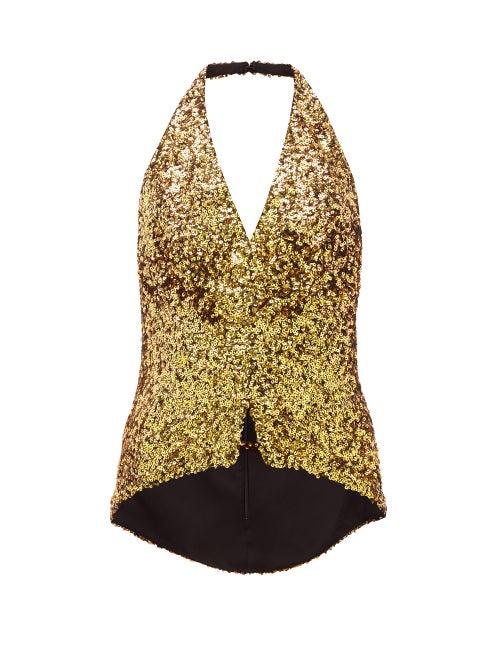 Matchesfashion.com Halpern - Sequinned Halterneck Top - Womens - Gold