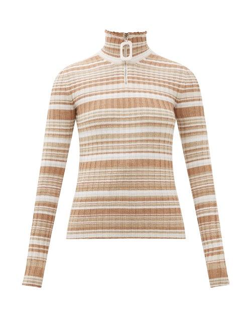 Matchesfashion.com Jw Anderson - Zipped Roll-neck Striped Wool Sweater - Womens - Beige Multi