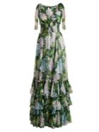 Dolce & Gabbana Hydrangea-print V-neck Smocked-waist Silk Gown