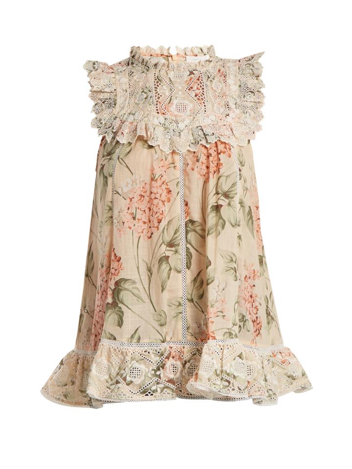 Zimmermann Prima Hydrangea-print Broderie-anglaise Cotton Top